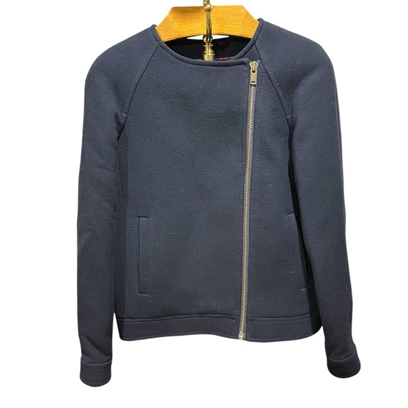 J CREW ~ Double Cloth Navy Blue Wool Moto Style Jacket 6 - Picture 1 of 11